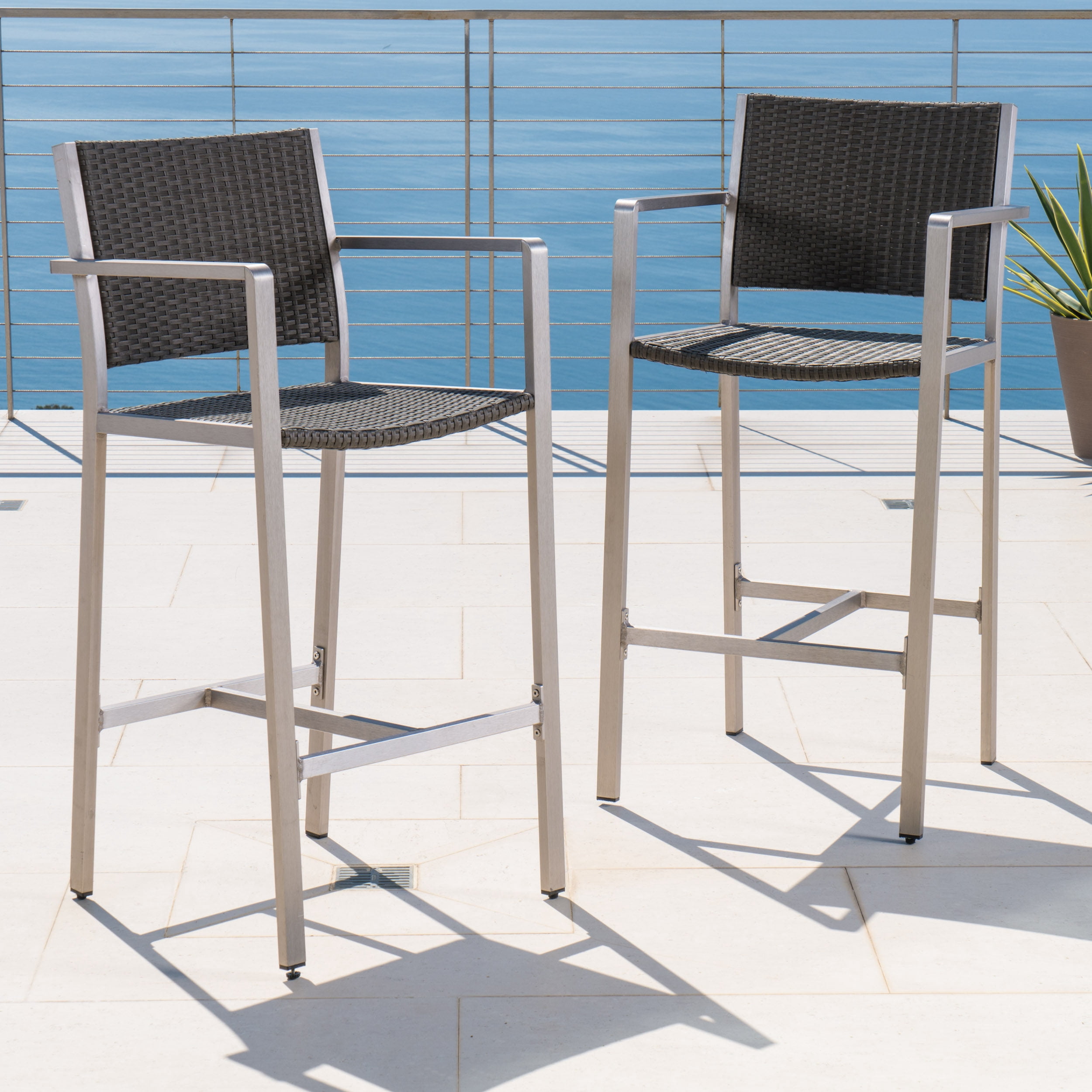 Outdoor Rust Proof Aluminum Frame Bar Stool Set of 2 29.50 Inch, PE Rattan Surface Height Seats for Patio Bar, Silver and Grey