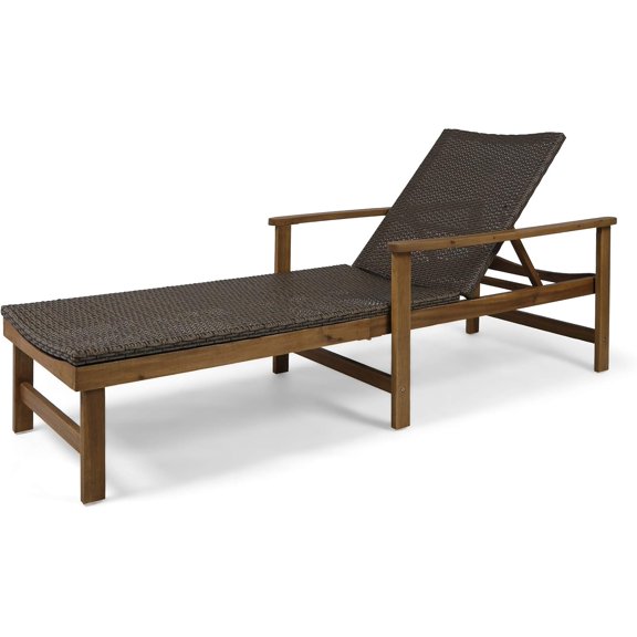 Outdoor Rustic Acacia Wood Chaise Lounge with Wicker Seating, Natural and Mixed Mocha