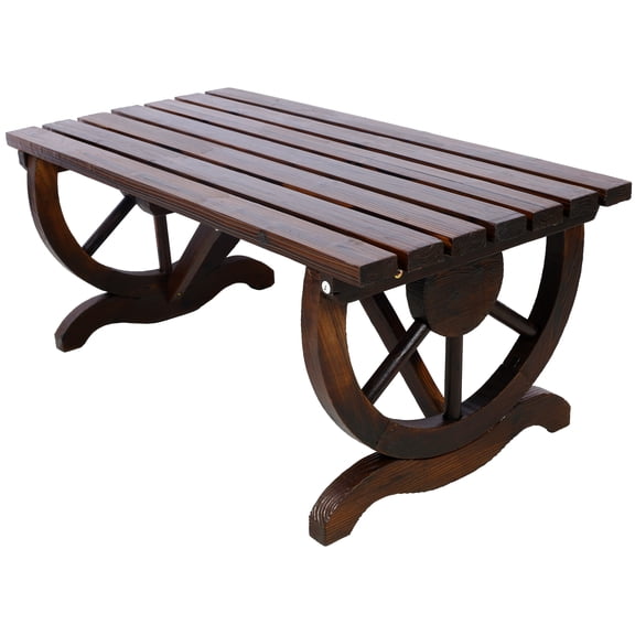 Outdoor Rustic Wooden Bench with Wagon Wheel Legs for 2 People, Burnt-Like Finish Garden Bench for Patio Lawn Yard, Solid Fir Wood Front Porch Furniture