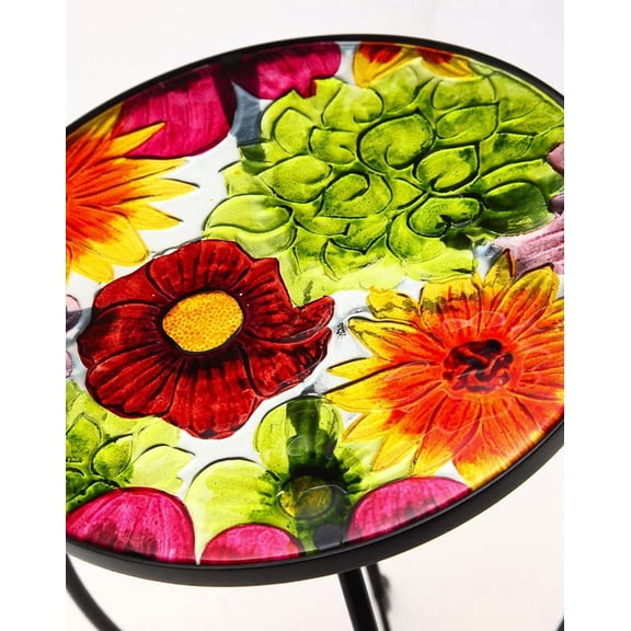 Outdoor-Safe Round Summer Splash Glass and Metal Side Table - 12" L x 12" W x 22" Indoor Outdoor Side Tables for Your , Lawn, Garden or Home Décor