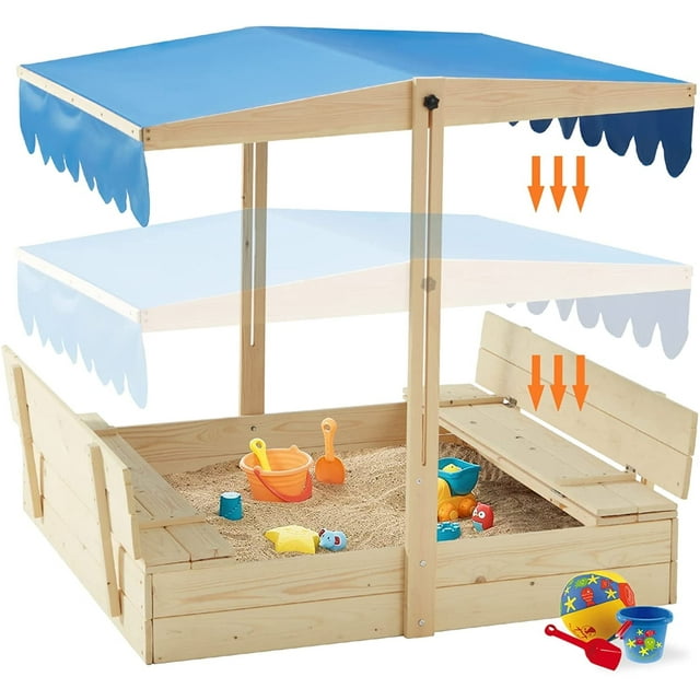 Outdoor Sandbox for Kids,Wooden Sandboxw/ 2 Foldable Bench Seats