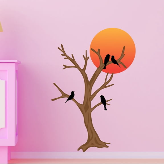 Outdoor Scenes Wall Decal Beautiful Dry Tree with Birds and Sunrise Scenery Bedroom Wall Decal for Children Tree Cute Themed Room Décor - Size: 21 In x 30 In