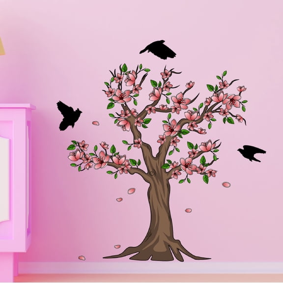 Outdoor Scenes Wall Decal Blossoming Cherry Tree With Beautiful Birds Bedroom Wall Decal for Girls Floral Cute Themed Room Decal - Size: 9 In x 10 In
