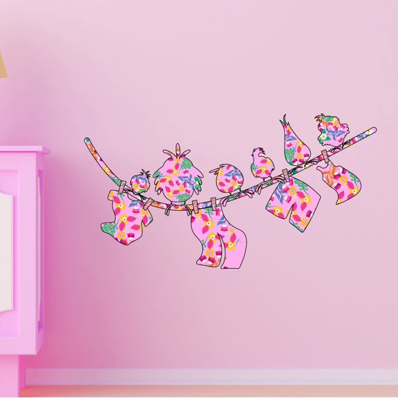 Outdoor Scenes Wall Decal Colourful Floral themed Birds On A Clothesline Bedroom Wall Decal for Children Birds Cute Themed Room Décor - Size: 10 In x 5 In