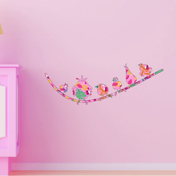 Outdoor Scenes Wall Decal Colourful Floral themed Birds Sitting on a Wire Bedroom Wall Decal for Children Birds Cute Themed Room Décor - Size: 40 In x 32 In