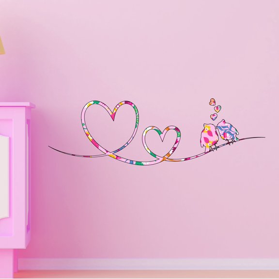Outdoor Scenes Wall Decal Colourful Lovely Birds Sitting on a One Line Heart Wire Bedroom Wall Decal for Girls Birds Cute Themed Room Decal - Size: 10 In x 3 In