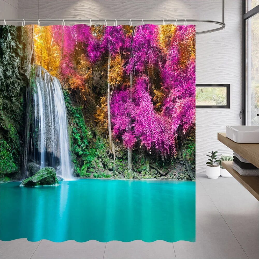 Outdoor Scenic Shower Curtain Plant Landscape Forest Waterfall Red Leaf ...