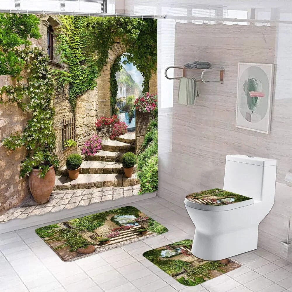 Outdoor Scenic Shower Curtain Rug Set Green Plants Floral Rustic ...