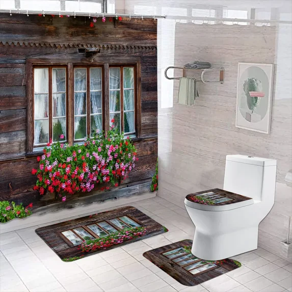 Outdoor Scenic Shower Curtain Rug Set Green Plants Floral Rustic Farmhouse Streetscape Shower Curtains Bath Mat Bathroom r
