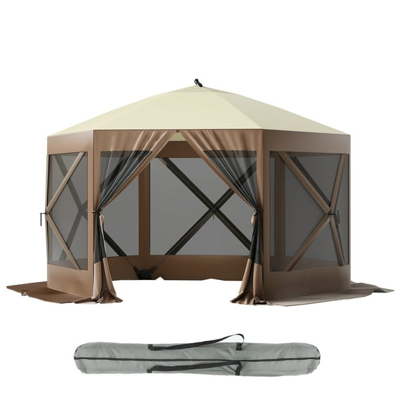 Outdoor Screen Shelter, 10X10ft Pop-Up Gazebo Tent with Portable Carry Bag, Fiber Poles, Guy Rope, and Ground Pegs - Perfect for Patio, Lawn, Backyard, Accommodates 6-8 People, in Stylish Brown+Beige