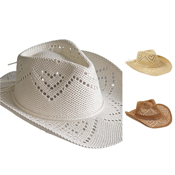 Outdoor Seaside Large‑Brim Cowboy Straw Hat Heart Cut‑out Breathable Woven Sun Hat Holiday Travel Decorative Head‑Accessory