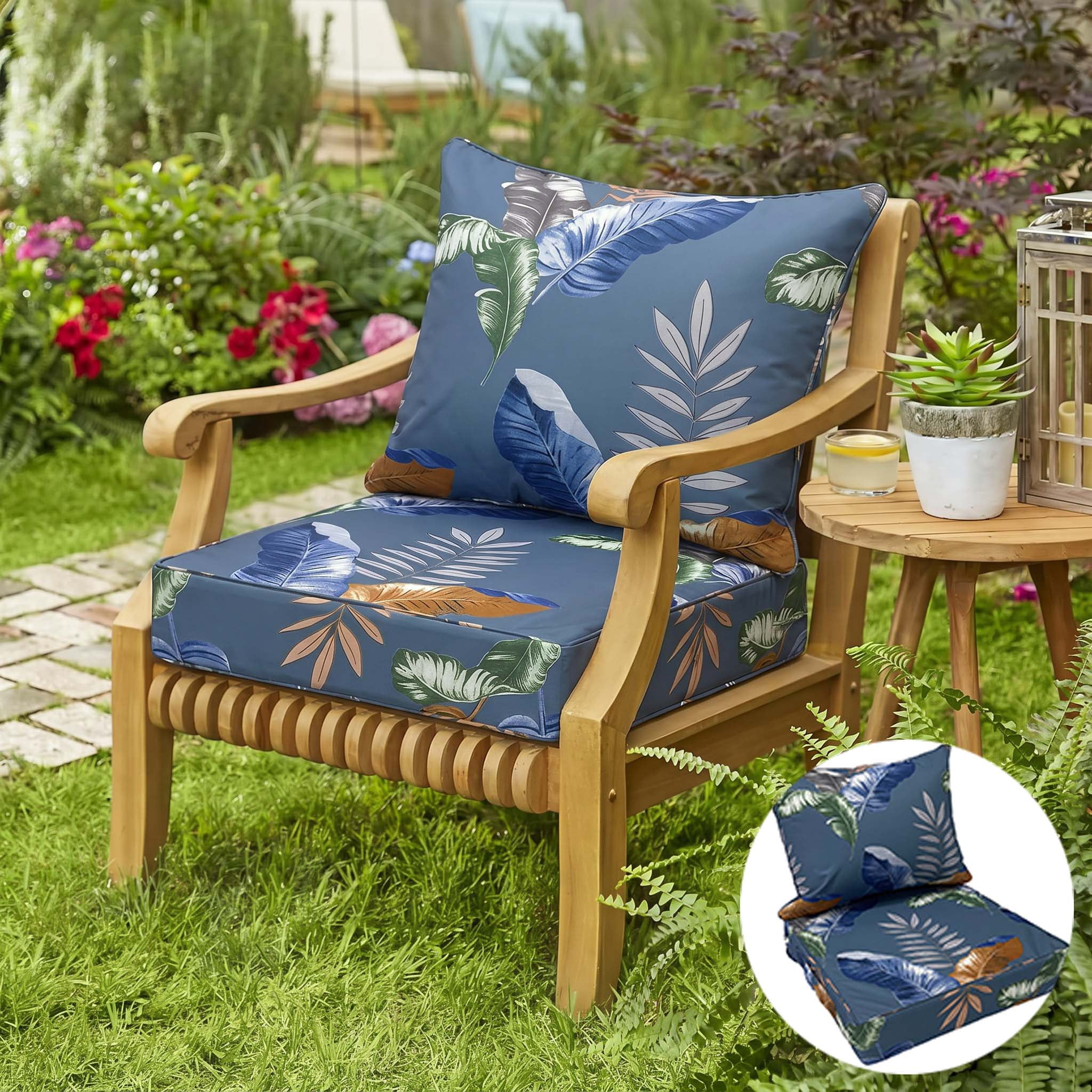 Outdoor Seat Cushion Set 24 x 24 Inch Waterproof & Fade Resistant Patio Furniture Cushions with Removable Cover, Outdoor Sofa Replacement Seat & Back Cushions for Chair Sofa Couch, Blue Leaves