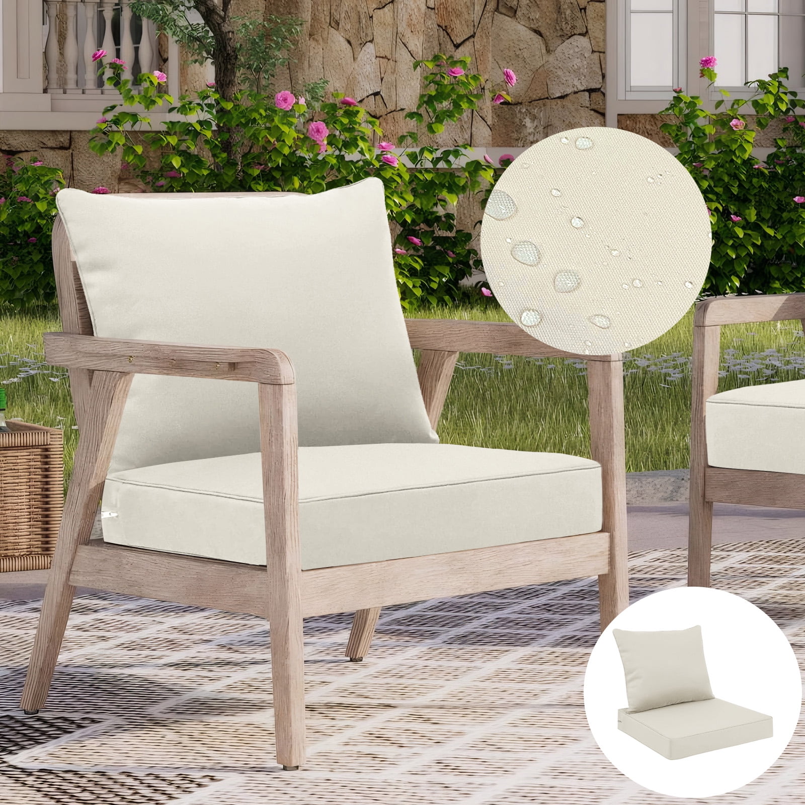 Outdoor Seat Cushion Set 24 x 24 Inch Waterproof & Fade Resistant Patio Furniture Cushions with Removable Cover, Outdoor Sofa Replacement Seat & Back Cushions for Chair Sofa Couch, Beige