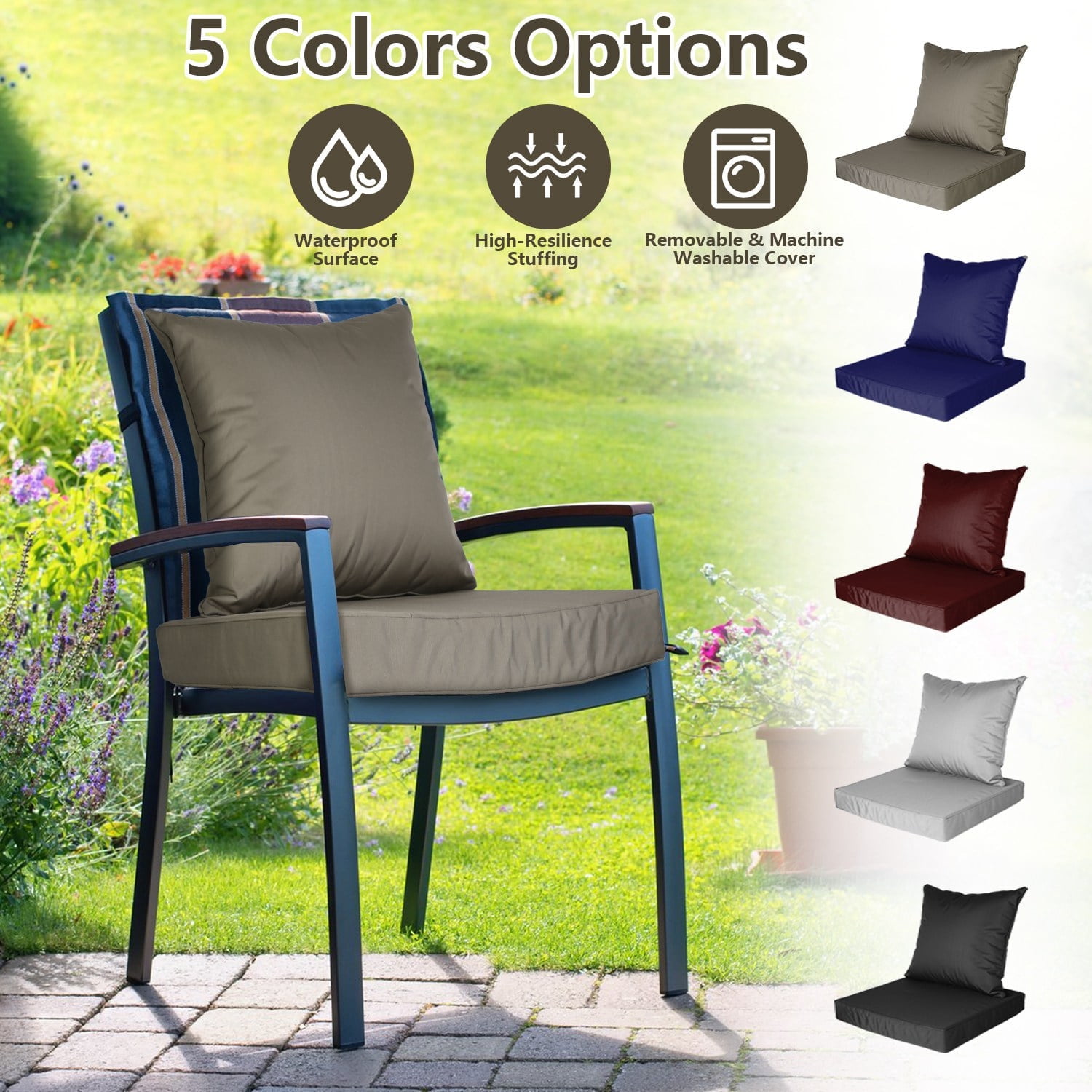 Outdoor Seat Cushion Set TeqHome 18" Square Pillow 19" Square Seat Cushion Waterproof Removable Cover Deep Seat & Back Cushion for Chair Sofa Couch Silver Grey