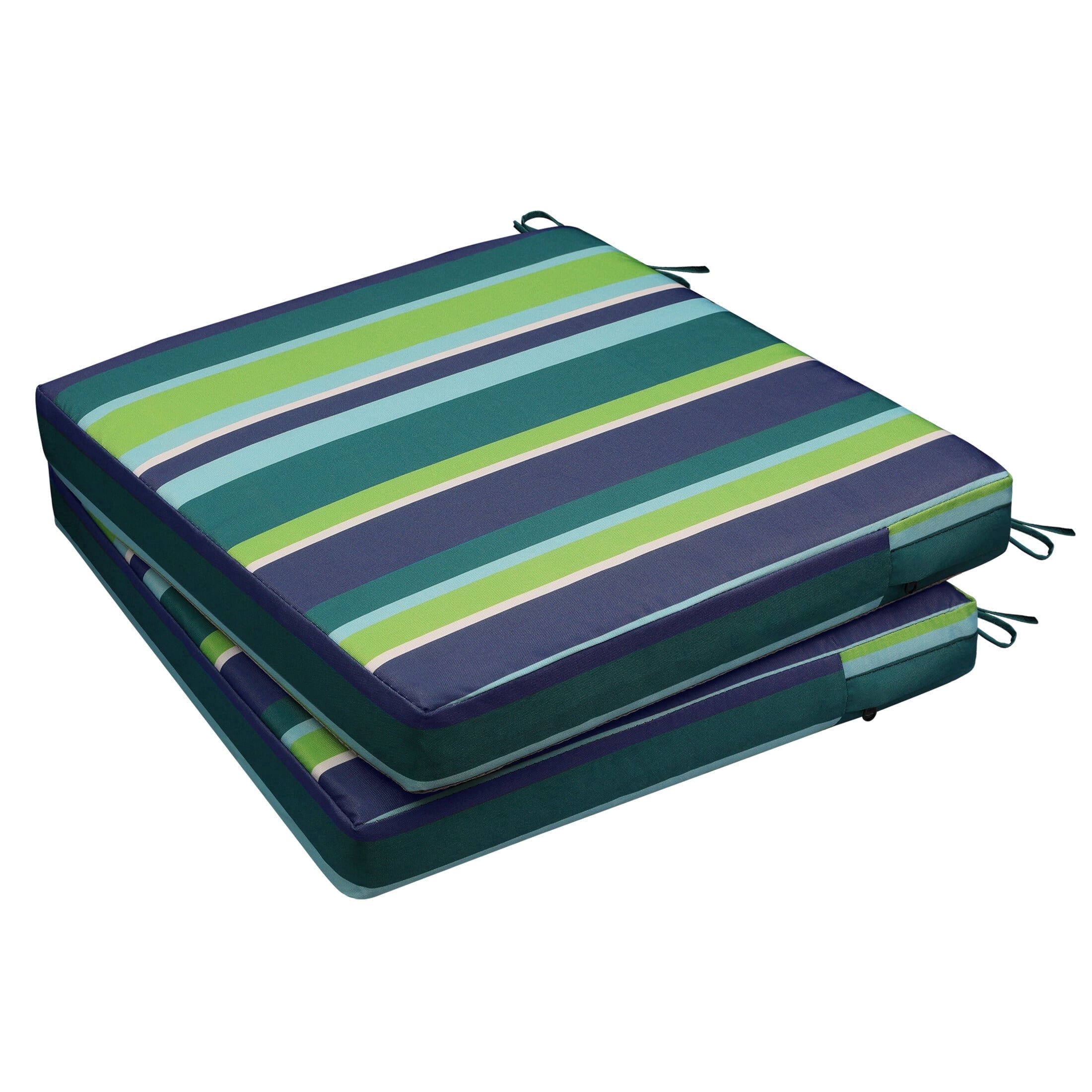 Outdoor Seat Cushion for Patio Furniture Dining Chair Pad Replacement, 18.5 x 16, Set of 2, Blue Green Stripes