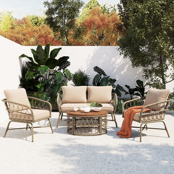 Outdoor Seating Group With Rugged Legs And Pillows, Beige, , Oval Tabletop Beige Patio Water- Material Wood