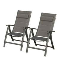 Set of 2 Black Folding Patio Chairs with Padded Textilene Seats, Adjustable Reclining Backrest & Headrest, Lightweight Aluminum Outdoor Chairs Five