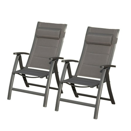 Set of 2 Black Folding Patio Chairs with Padded Textilene Seats, Adjustable Reclining Backrest & Headrest, Lightweight Aluminum Outdoor Chairs Five