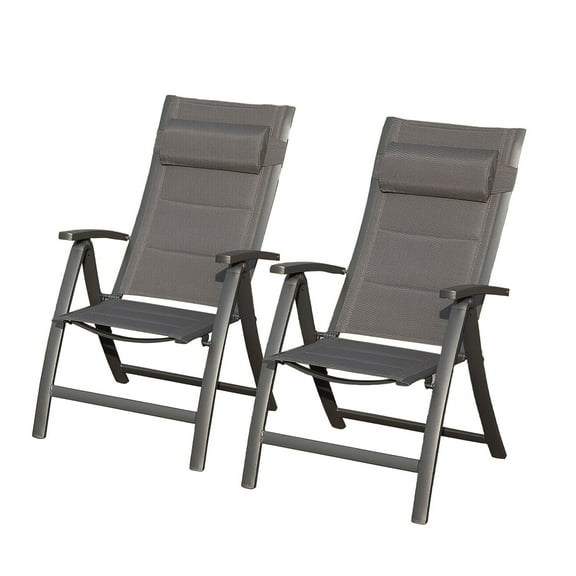 Set of 2 Black Folding Patio Chairs with Padded Textilene Seats, Adjustable Reclining Backrest & Headrest, Lightweight Aluminum Outdoor Chairs Five