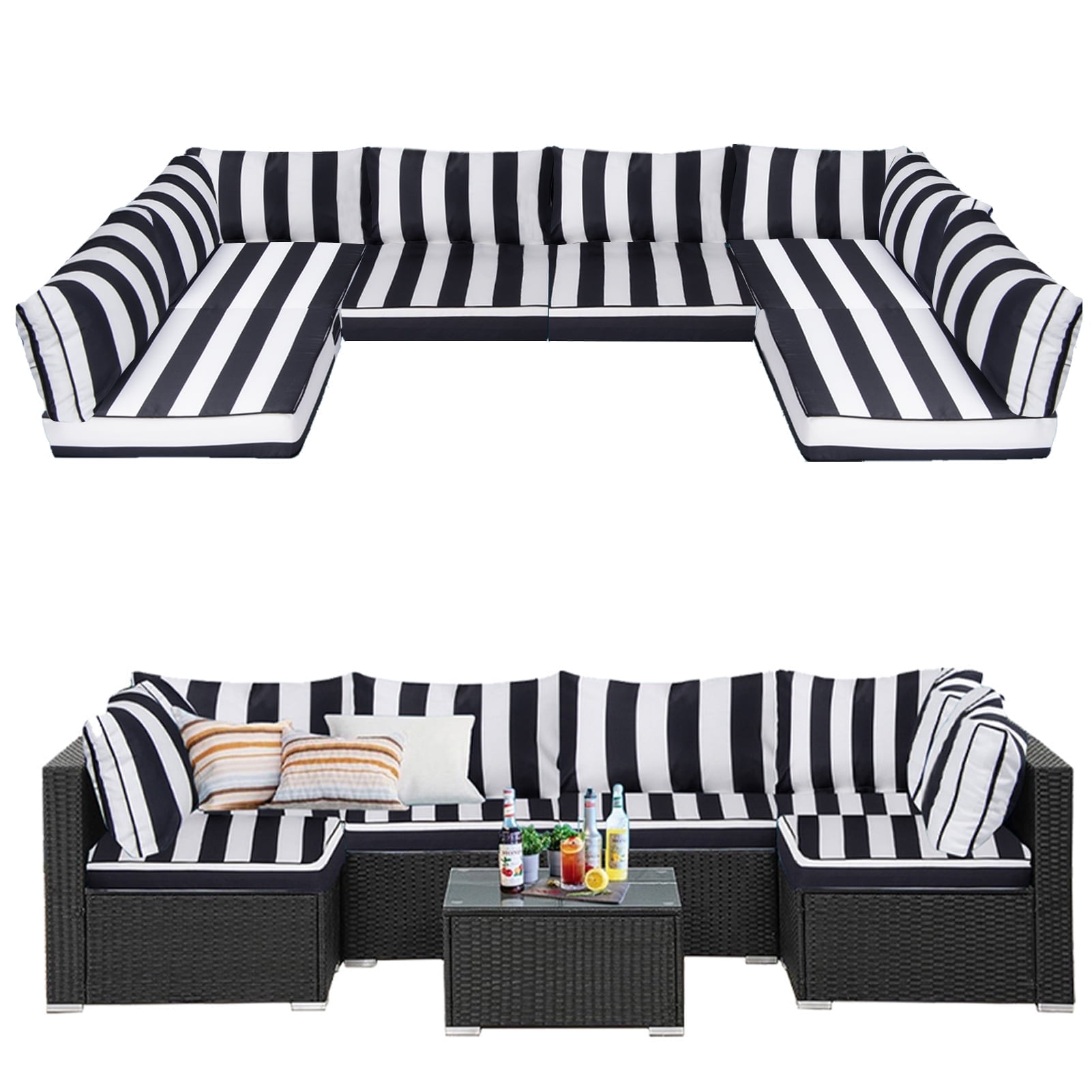 Outdoor Replacement Cushions for Patio Furniture, Patio Sectional Cushions, Waterproof Outdoor Couch Cushions, 14pcs Rattan Conversation Set Cushions for 6 Seat Wicker Sofa (black and white)