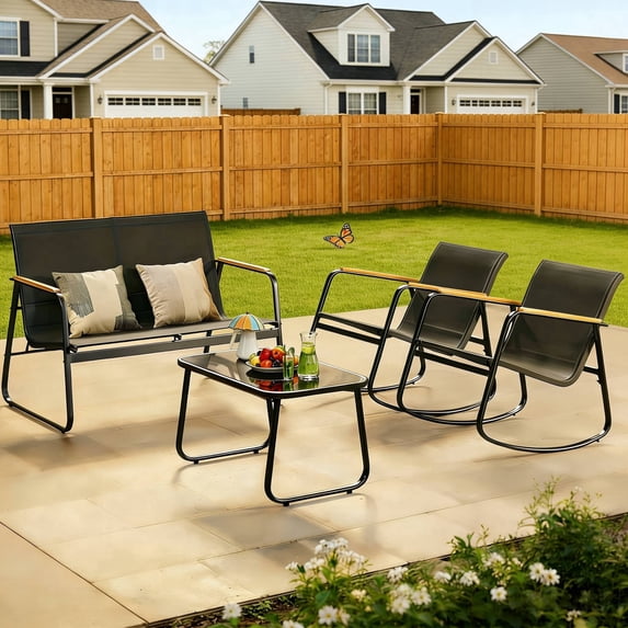 Lofka 4-Piece Outdoor Patio Furniture Set, Rocking Chairs & Loveseat Conversation Set with Tempered Glass Coffee Table, All Weather Textilene for Patio Porch, Black