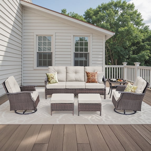 Outdoor Sectional Furniture Set, PPorfamilia 6 Piece Patio Sofa Set with Rocking Swivel Chairs, Ottomans and Side Table, PE Rattan Conversation Set with Beige Cushions for Backyard Garden Deck Porch