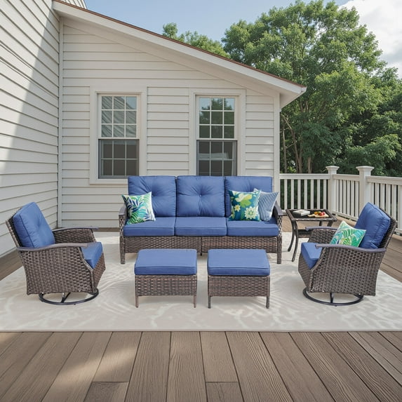 Outdoor Sectional Furniture Set, PPorfamilia 6 Piece Patio Sofa Set with Rocking Swivel Chairs, Ottomans and Side Table, PE Rattan Conversation Set with Navy Cushions for Backyard Garden Deck Porch