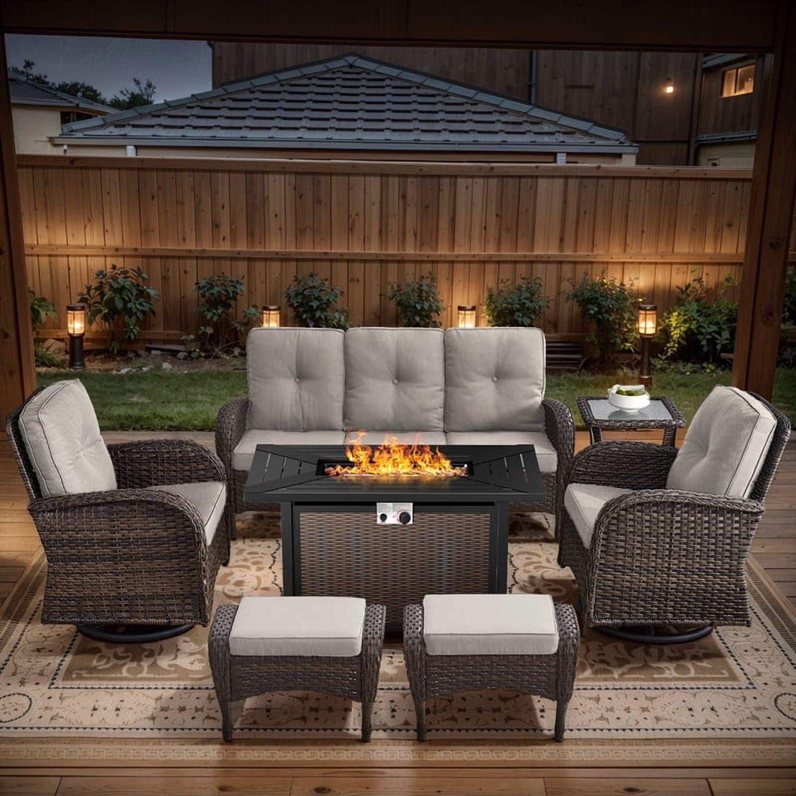 Outdoor Sectional Furniture Sets,7PCS Patio Wicker Swivel Rocking Sets with 43" Fire Pit Table,Outdoor Rattan Conversation Set with Ottomans and Side Table,Beige Cushions