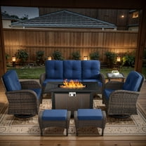 Outdoor Sectional Furniture Sets,7PCS Patio Wicker Swivel Rocking Sets with 43" Fire Pit Table,Outdoor Rattan Conversation Set with Ottomans and Side Table,Blue Cushions