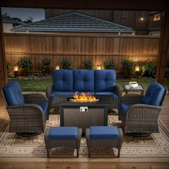 Outdoor Sectional Furniture Sets,7PCS Patio Wicker Swivel Rocking Sets with 43" Fire Pit Table,Outdoor Rattan Conversation Set with Ottomans and Side Table,Blue Cushions