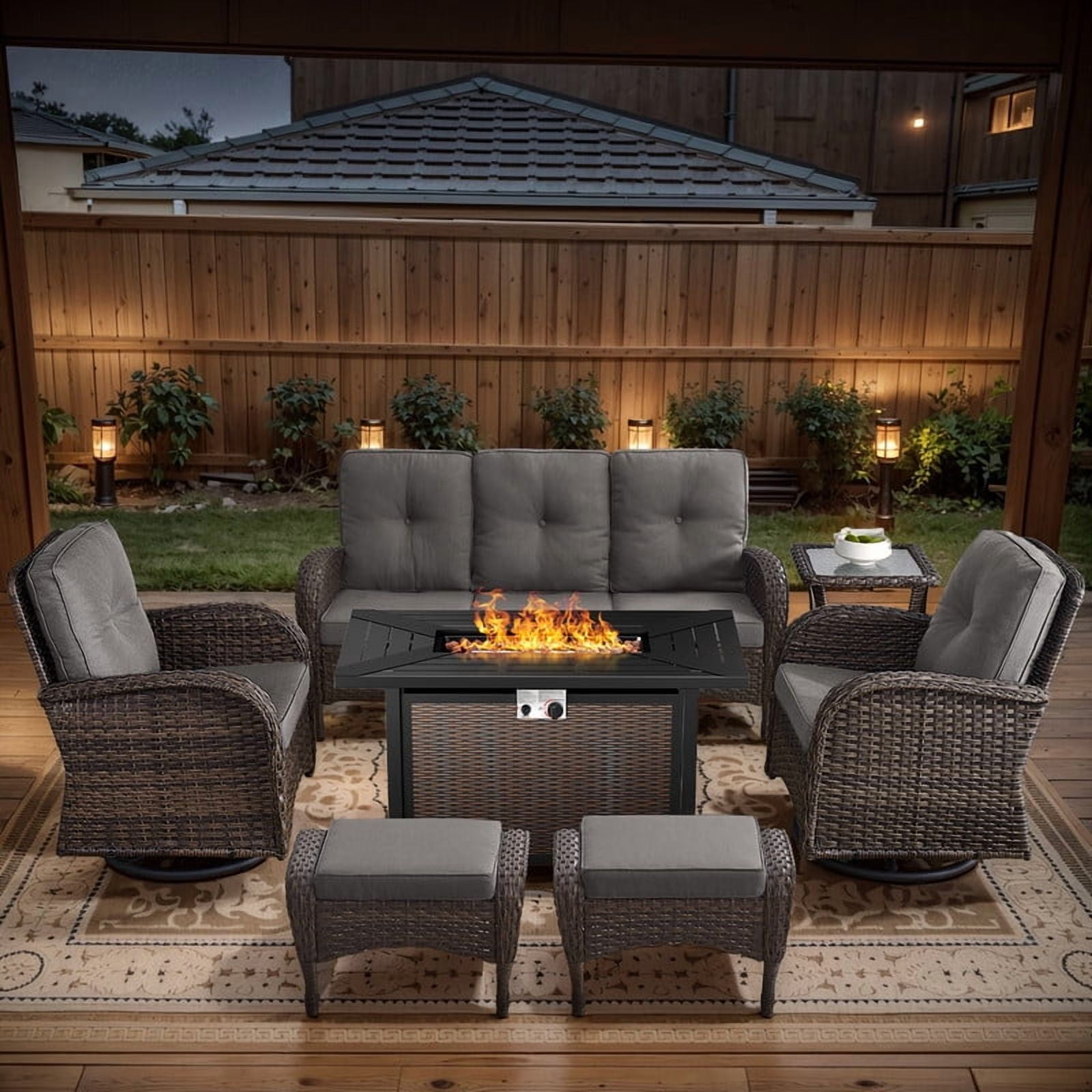 Outdoor Sectional Furniture Sets,7PCS Patio Wicker Swivel Rocking Sets with 43" Fire Pit Table,Outdoor Rattan Conversation Set with Ottomans and Side Table,Gray Cushions