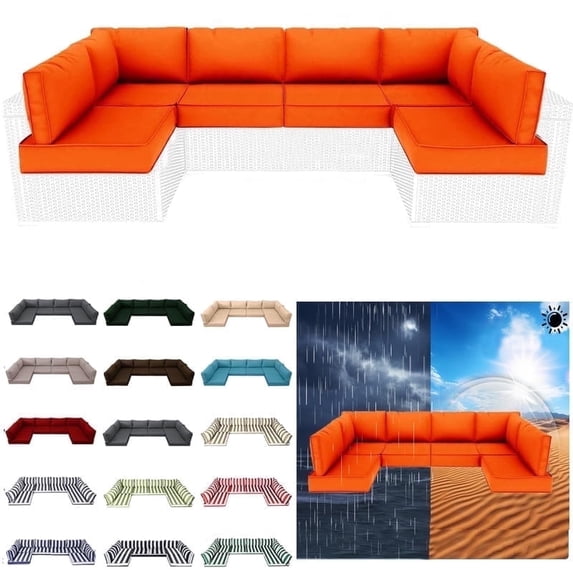 Outdoor Sectional Replacement Cushion Set, 14 Pcs Waterproof Patio Sofa Cushions 4" Foam High-Density Couch Cushion for 12-Seat Sectional Rattan Conversation Sets(Liner&Cover) (Orange)