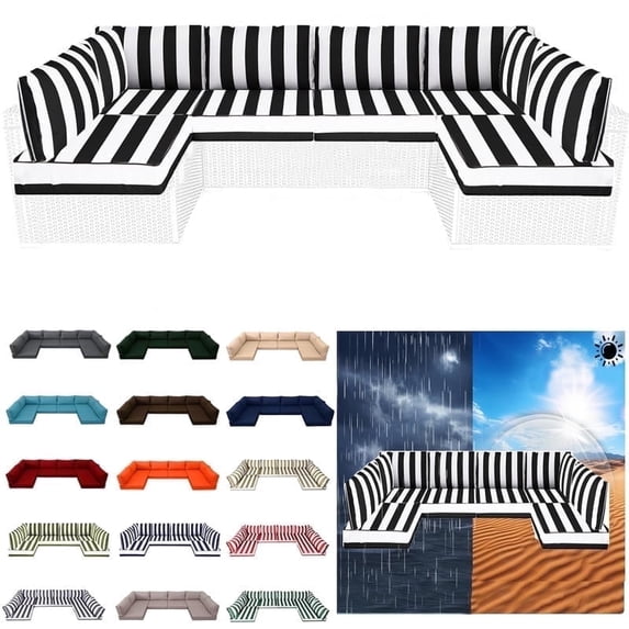 Outdoor Sectional Replacement Cushion Set, 14 Pcs Waterproof Patio Sofa Cushions 4" Foam High-Density Couch Cushion for 6-Seat Sectional Rattan Conversation Sets(Liner&Cover) (Black and white)