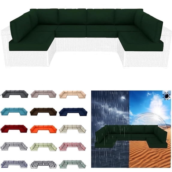 Outdoor Sectional Replacement Cushion Set, 14 Pcs Waterproof Patio Sofa Cushions 4" Foam High-Density Couch Cushion for 8-Seat Sectional Rattan Conversation Sets(Liner&Cover) (Dark Green)