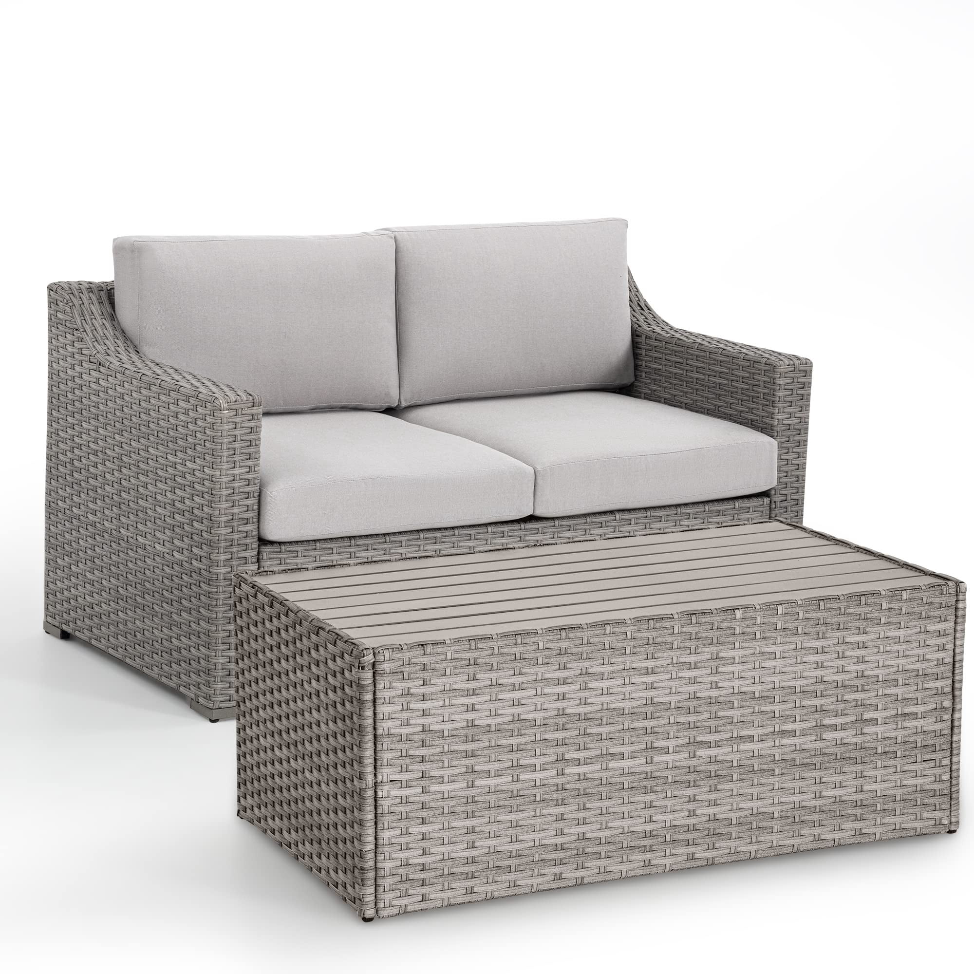 Outdoor Sectional Sofa Patio Conversation Set, Wicker Outdoor Furniture Loveseat with Coffee Table All Weather Cushioned Seating for Backyard Porch Deck (Gray/Beige)