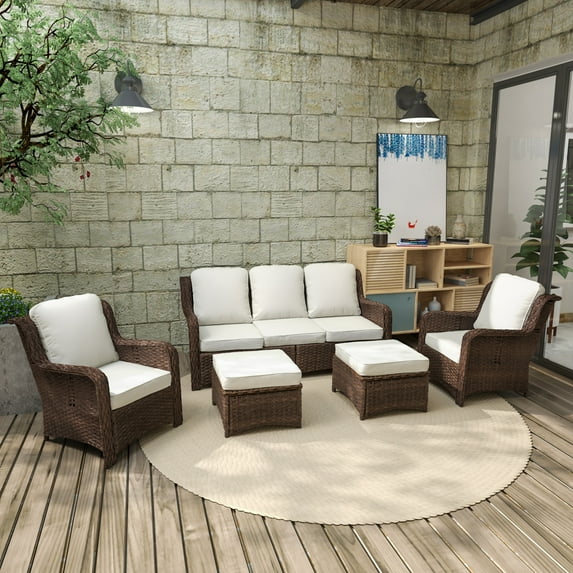 Outdoor Sectional Sofa Set with Hand-Woven Wicker, All-Weather PE Rattan Furniture for Patio Garden Balcony, Brown Grey/Off White