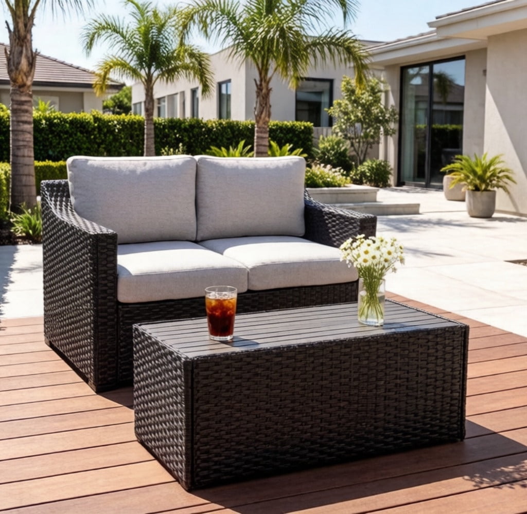 Outdoor Sectional with Loveseat & Coffee Table Set, Patio Conversation Set, All-Weather Rattan Sofa