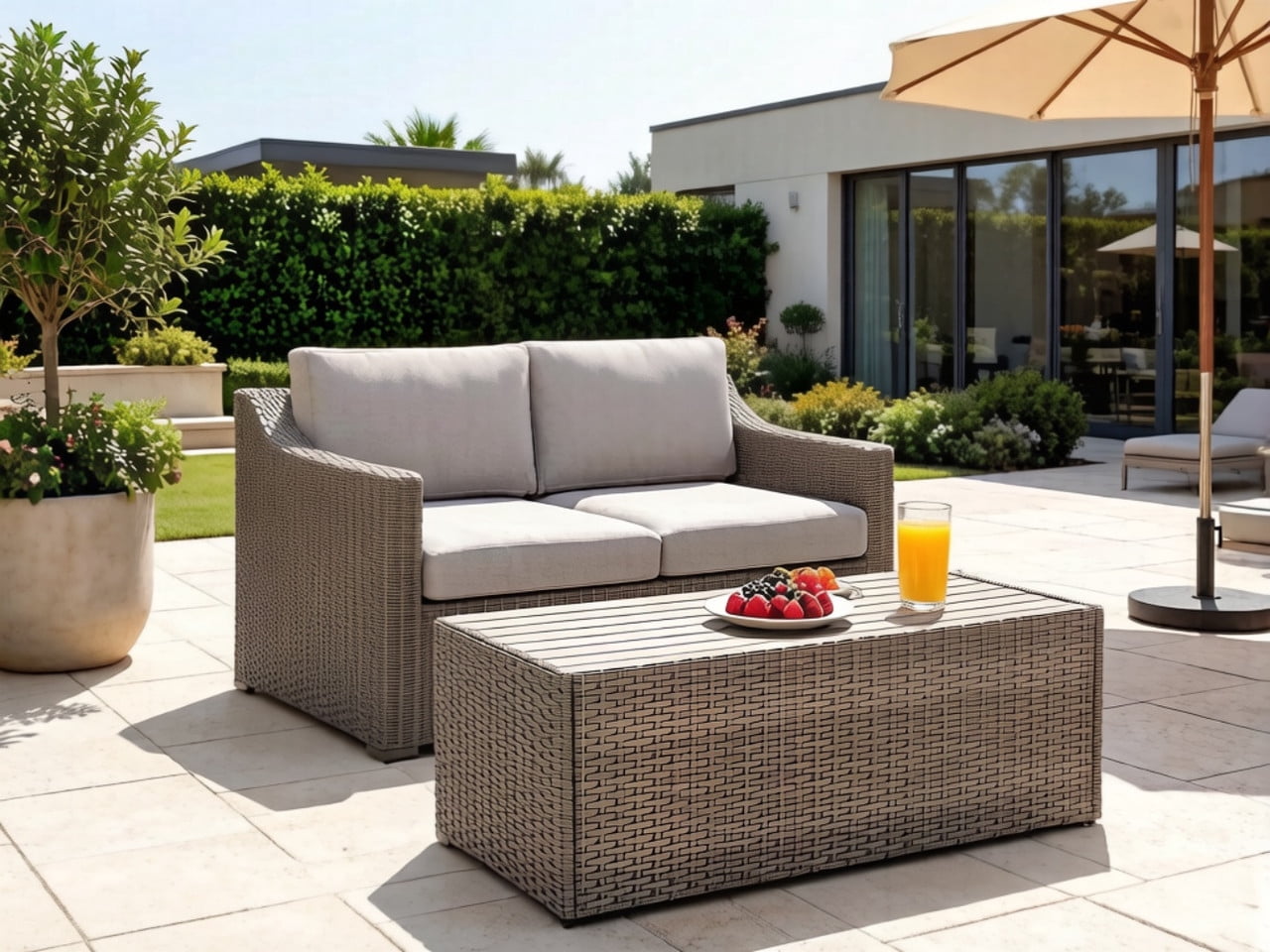 Outdoor Sectional with Loveseat & Coffee Table Set, Patio Conversation Set, All-Weather Rattan Sofa