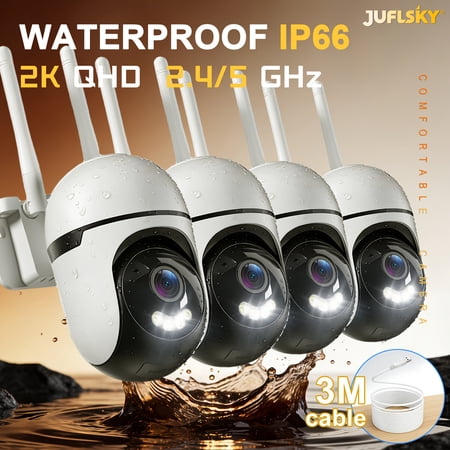 Outdoor Security Camera 2K, 3M Cable, IP66, 360° Tracking, Color Night Vision, AI Detection for Pets Baby Elder, Indoor/Outdoor, 2.4G/5G WiFi