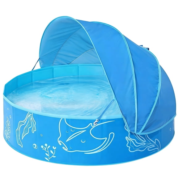 Outdoor Shade Pool Sun Protection Design Sunshade Backyard Courtyard Water Play Basin, Portable Foldable Above-Ground Swimming Pool with Cover for Summer Family Gathering