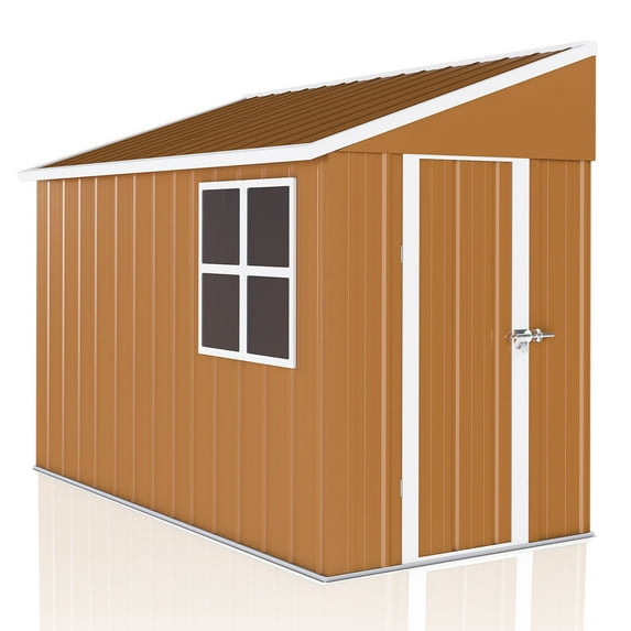 Outdoor Shed 4x8 FT, Metal Garden Windproof Lean to Shed, All-Weather Steel Outdoor Storage w/Lockable Door & Air Vent for Backyard Patio, Brown