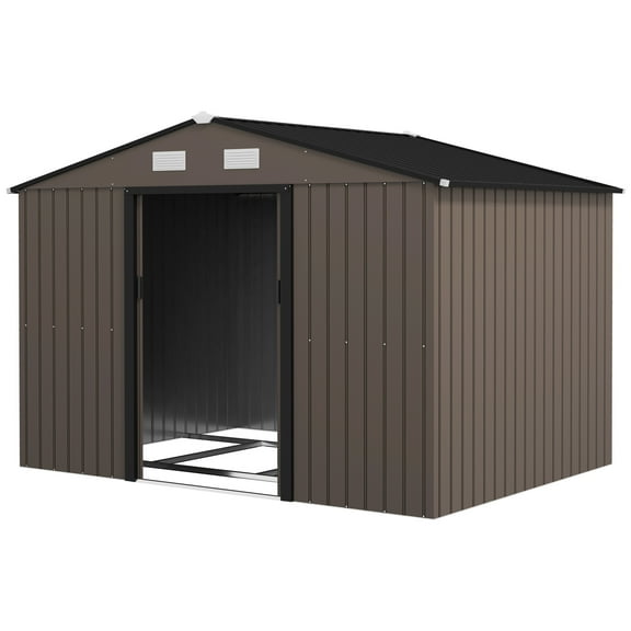 Outdoor Shed Garden Storage Shed Tool Storage Building with 4 Vents and 2 Sliding Doors, 9 x 6 FT, Brown