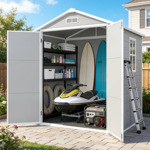 6×4.4ft Outdoor Shed & Storage, Seizeen All-Weather Plastic Sheds with Floor, Sloped Top Garden Shed with Window, Lockable Double Door Resin Patio Storage for Garage Backyard Bike Mower