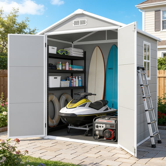 6×4.4ft Outdoor Shed & Storage, Seizeen All-Weather Plastic Sheds with Floor, Sloped Top Garden Shed with Window, Lockable Double Door Resin Patio Storage for Garage Backyard Bike Mower