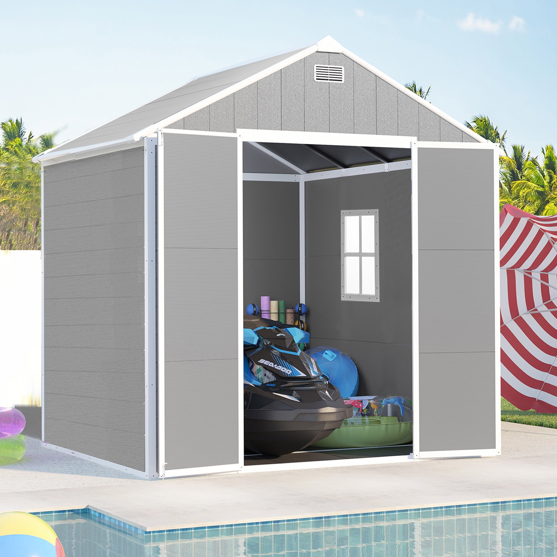 Seizeen Outdoor Shed & Storage, All-Weather Plastic, 82'' H, Garden Shed with Window, Gray