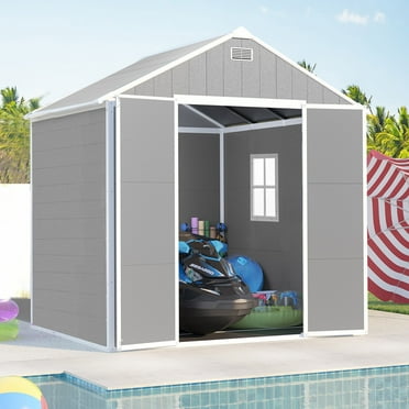 Outdoor Shed & Storage, Seizeen All-Weather Plastic Sheds 82'' H, Sloped Top Garden Shed with Window, Heavy-Duty Resin Outdoor Storage W/Floor, Gray