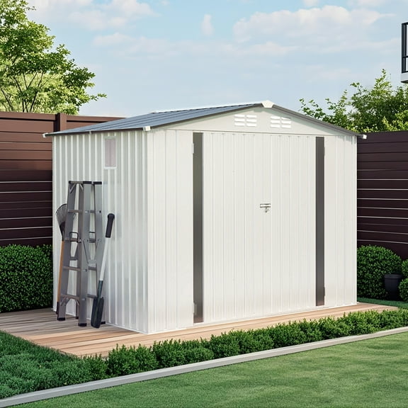 Outdoor Sheds 8X6 FT Metal Outdoor Storage Shed, Tool Shed with Pitched Roof Waterproof with Side Window and Lockable Door, Metal Tool Shed for Garden Tool Storage, Everyday Sundries and Bike Storage
