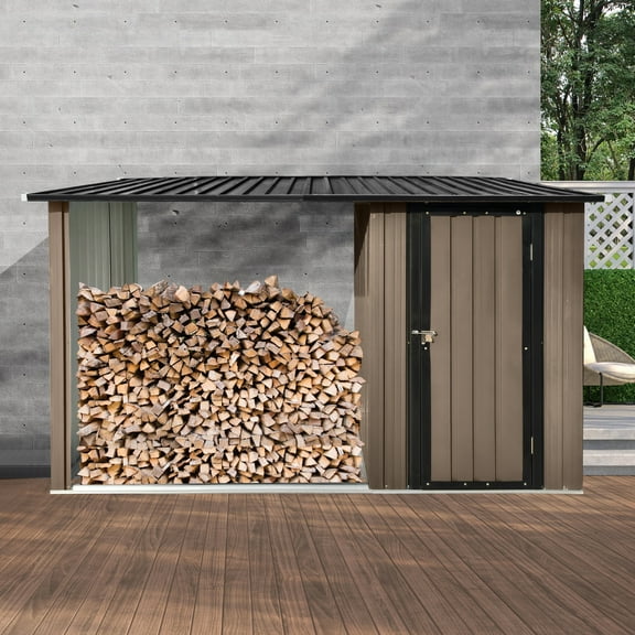 Outdoor Sheds Outdoor Metal Firewood Rack and Storage Shed, Brown and Black,Two-in-one function,Storage Sheds