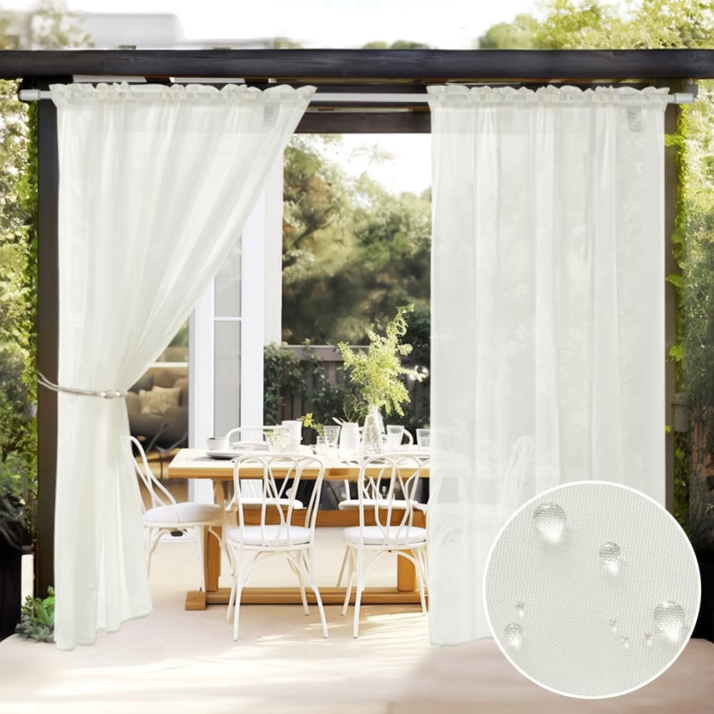 Outdoor Sheer Curtain for Patio Waterproof - 2 Panels Ivory Privacy ...