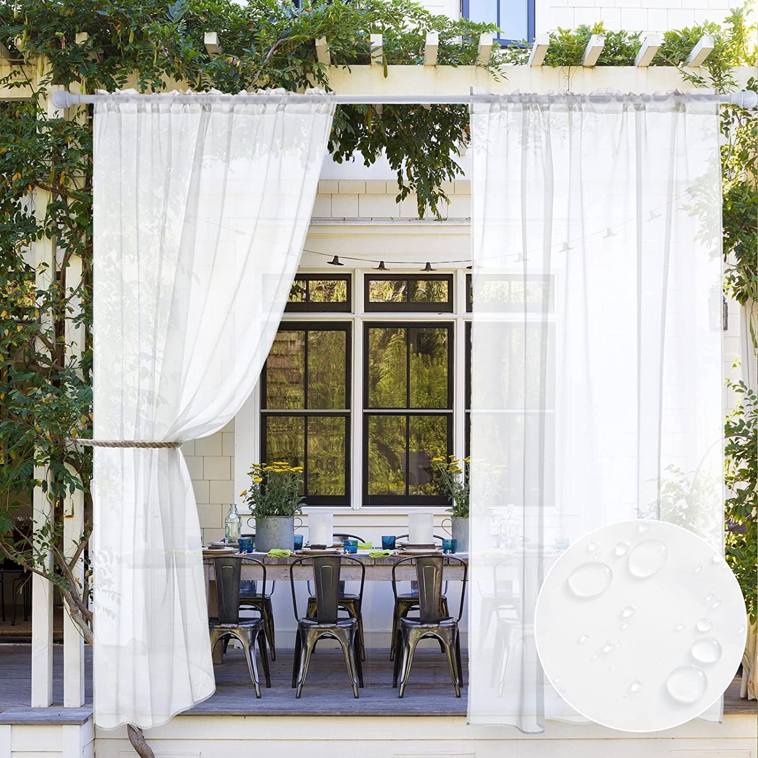 Outdoor Sheer Curtain for Patio Waterproof - 2 Panels White Privacy Drape Voile Rod Pocket Porch,Pergola, Cabana, Gazebo, 54 X 84 Inch Long